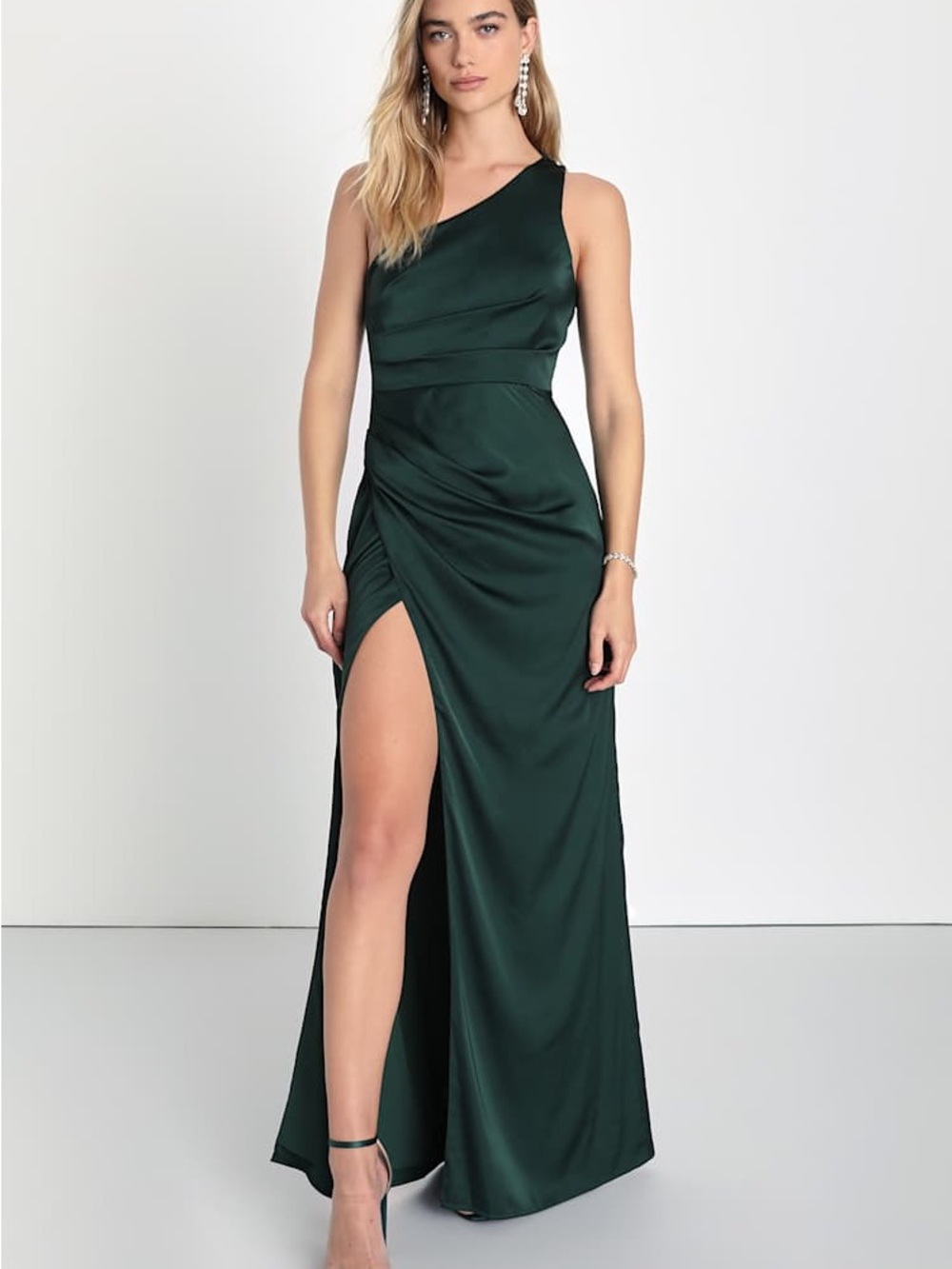 Lulu's Dreaming of Elegance Emerald Satin One-Shoulder Maxi Dress